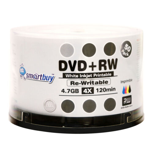50 Smartbuy DVD+RW 4x 4.7GB White Inkjet Hub Printable Rewritable DVD Disc - Picture 2 of 3