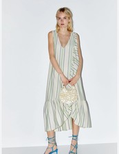 Zara Midi Dress Medium Beige Striped Ruffle Cotton Sleeveless 