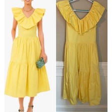 Hyacinth House Tuckernuck Jo Dress Yellow Ruffle V-Neck Tiered Midi Size S