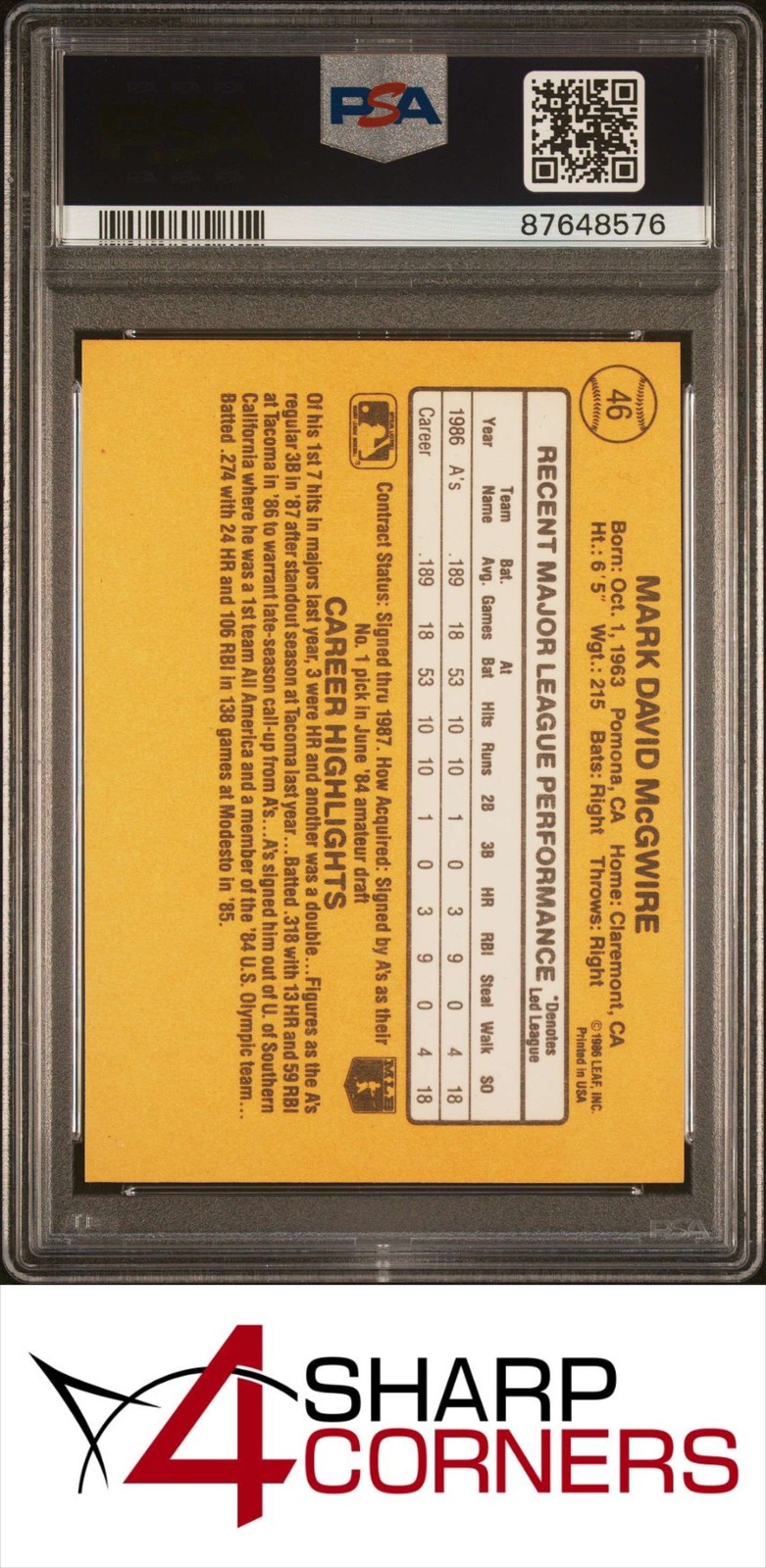 1987 DONRUSS #46 MARK McGWIRE RATED ROOKIE ATHLETICS PSA 6 view 2