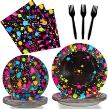 Neon plates, napkins, tableware set for 24 guests, 96pcs, party decoration
