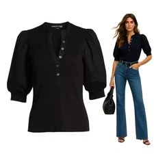 $198 New VERONICA BEARD Coralee Button-Front Puffed Sleeve Top Sz L Black