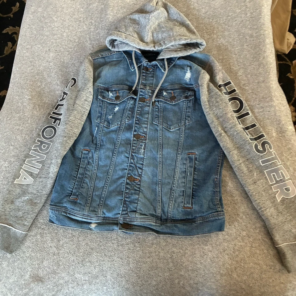 Hollister Epic Flex Large Jean Jacket Distressed Denim Gray Hoodie Sleeve Print - Image 3 of 4