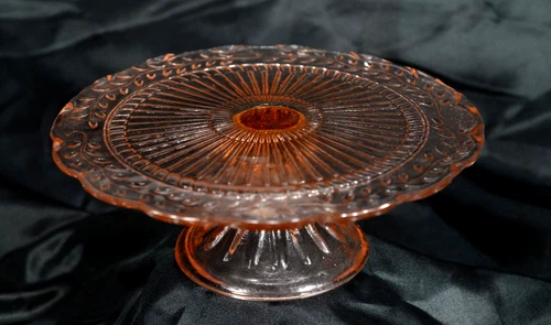 Vintage Vine Motif Pink Depression 11.75” Glass Cake Stand 1930-1940 Era