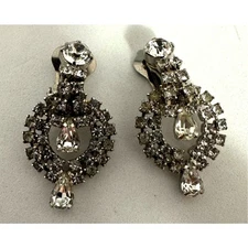 Clear Rhinestone Circular Drop Earrings Clip On Wedding Prom Bling Mid Century