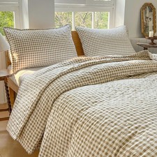 Tan Gingham Queen Quilt Set, Soft Pre-washed Microfiber Taupe Plaid Queen Bed...