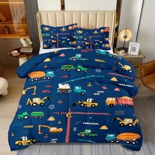 3 Pcs Twin Bedding Set for Boys, Kids Construction Truck Twin-3pcs Blue