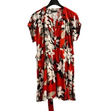 Simply Vera Dress Red Asian Floral Linen Blend Fit Flare Midi Tie Waist Size XL