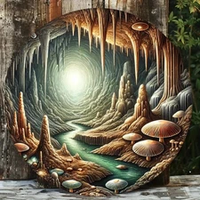 Large 7.8-Inch Round Aluminum Wall Art - Mystical Cave Adventure Fantasy Landsc