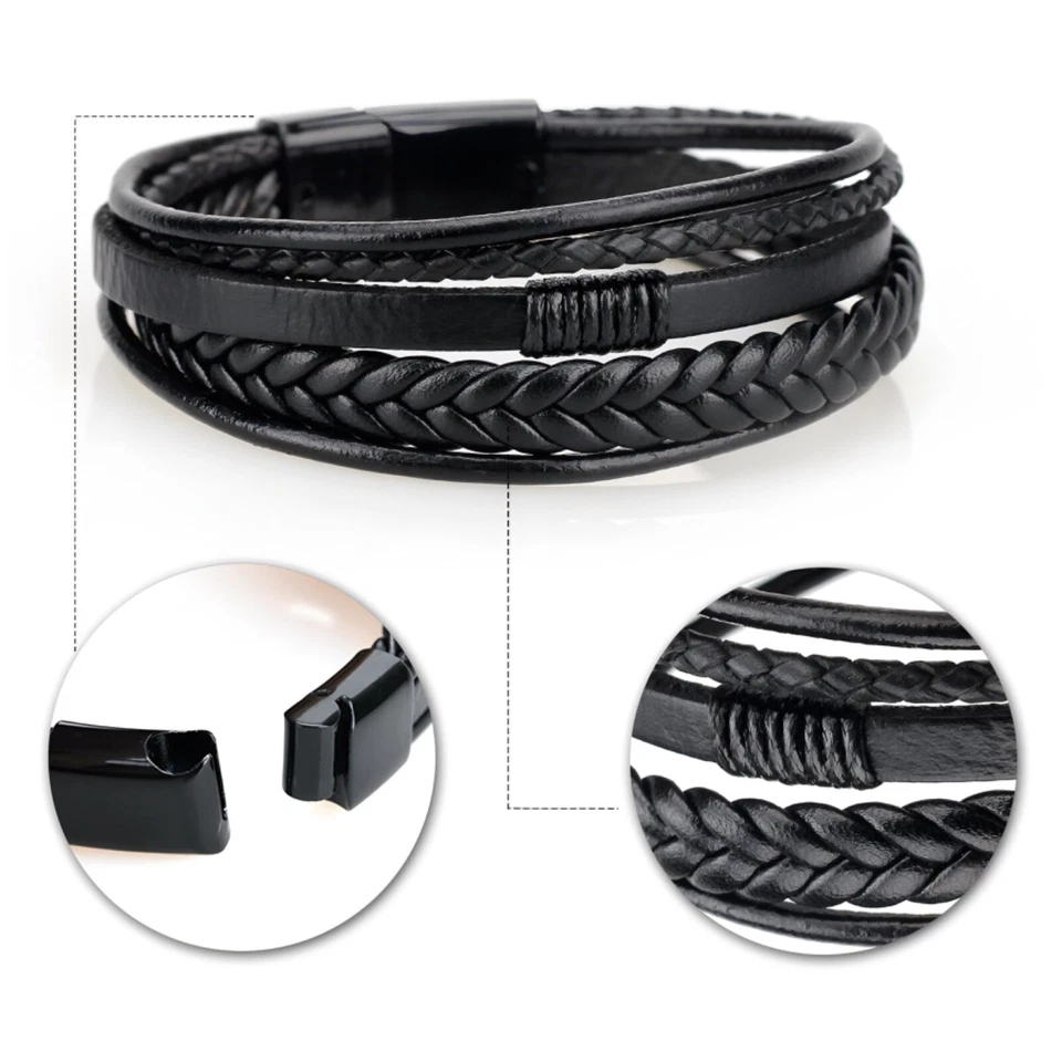 Herren Leder Armband Schmuck Schwarz Braun Silber Edelstahl Magnetverschluss - Bild 3 von 4