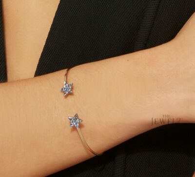 14K Gold 0.25 CT Blue Sapphire Gemstone Star Cuff Bangle Bracelet- The Jewelz