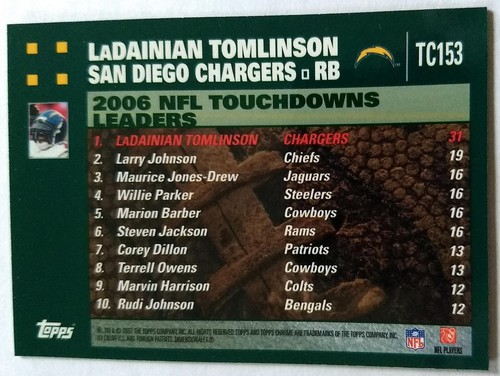 LaDAINIAN TOMLINSON, 2007 TOPPS CHROME LEAGUE LEADERS TD's #TC153, CHARGERS - Picture 2 of 2
