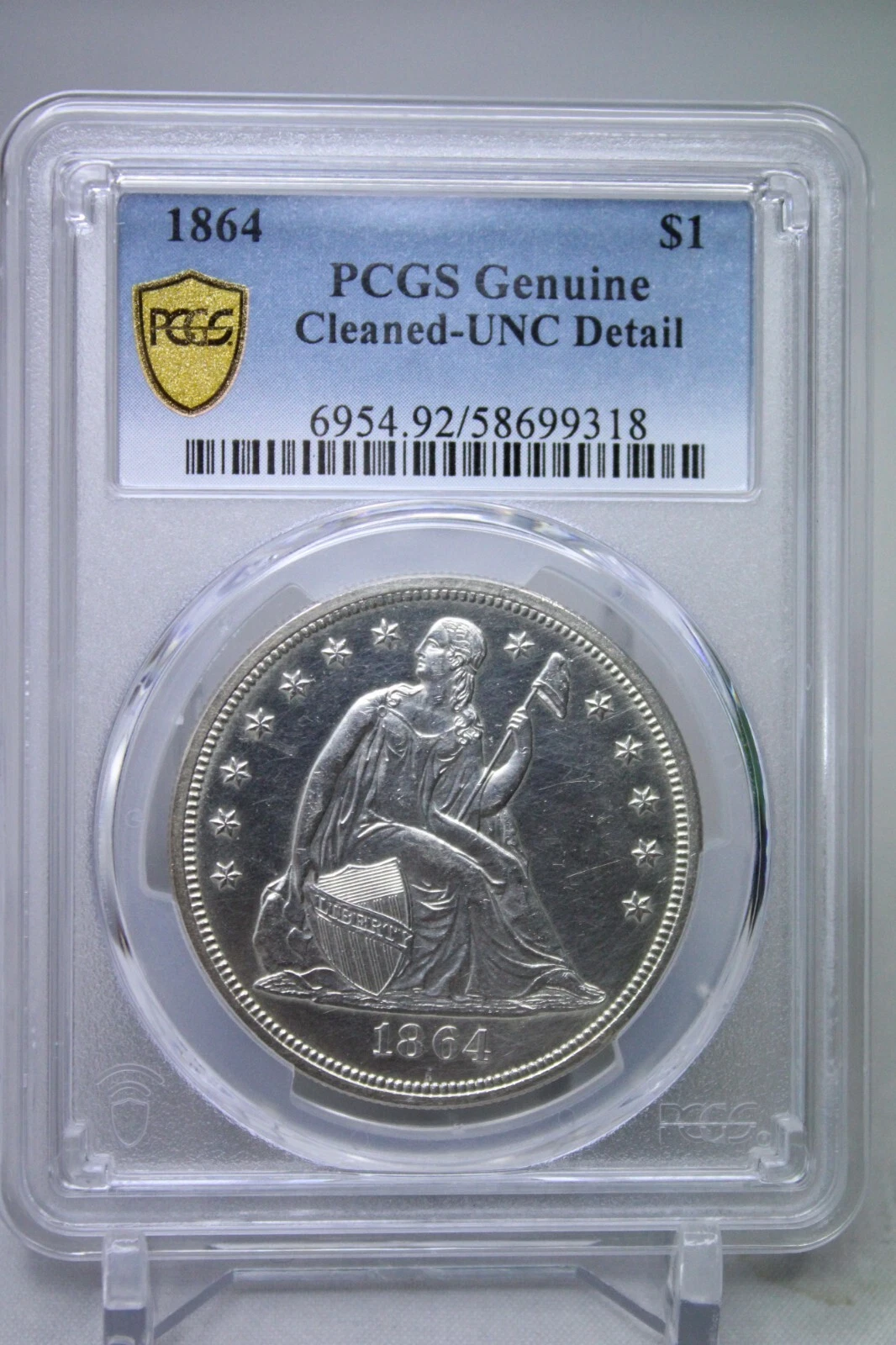 1864 $1 Silver Seated Liberty Dollar PCGS UNC Detail Cleaned Civil War Era #9318