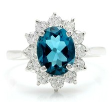 3.75 Carat Natural London Blue Topaz and Diamonds in 14K Solid White Gold Ring