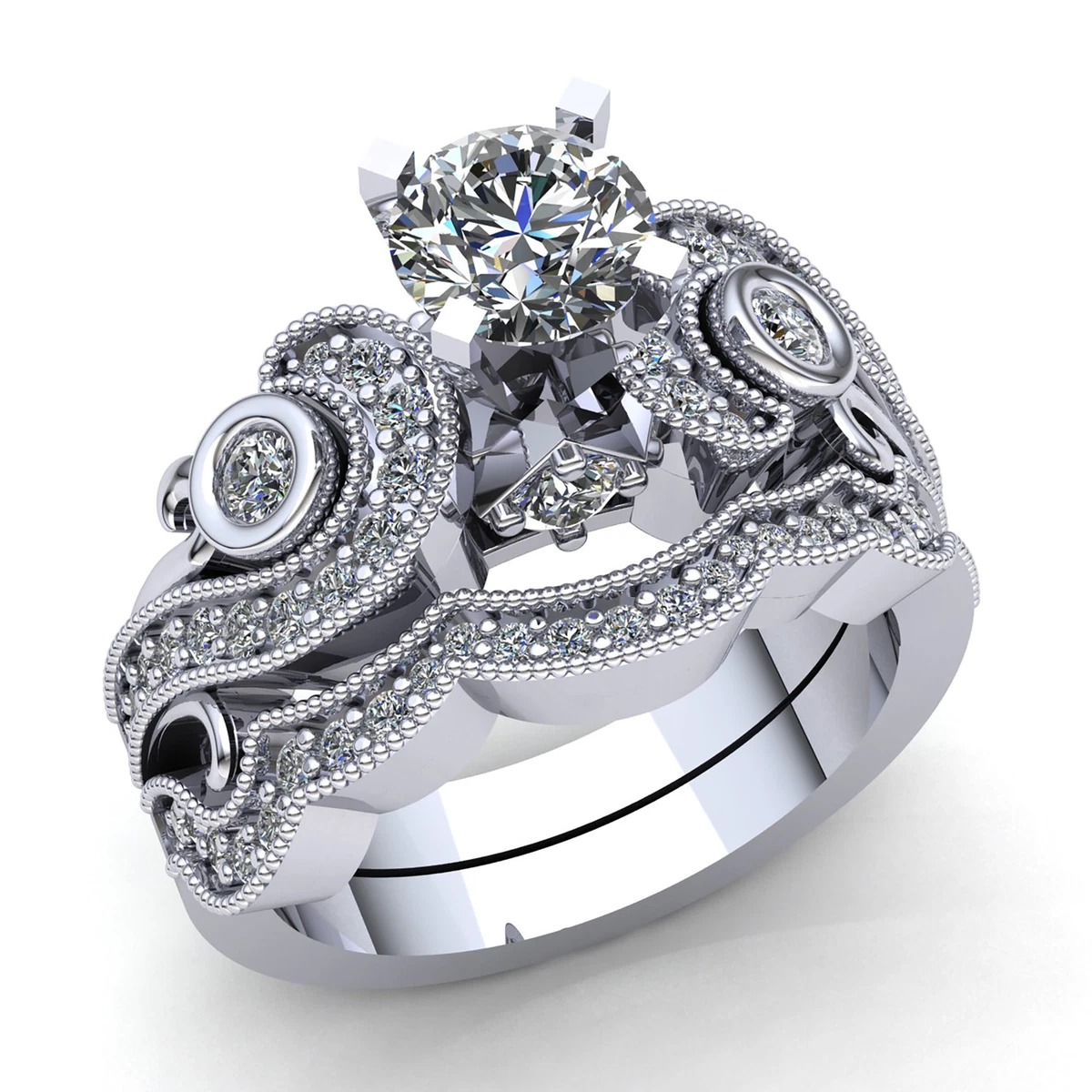 Natural 1ct Round Cut Diamond Ladies Bridal Set Fancy Engagement Ring 18K Gold