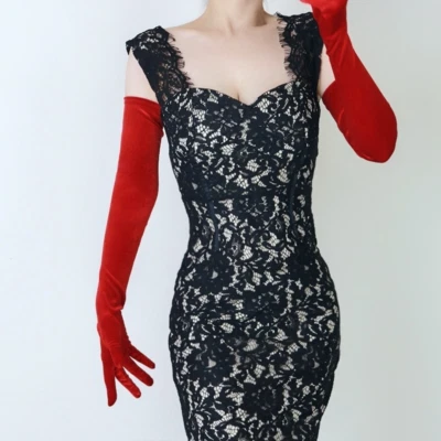 Femmes Velours Gants Poignet Extensible Long Soirée Opéra Fête Rétro Noir Neuf - Photo 1/4