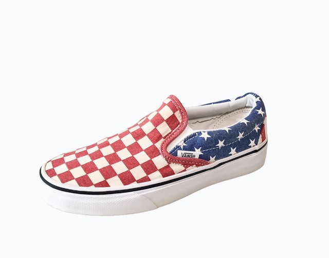 red white and blue slip on vans