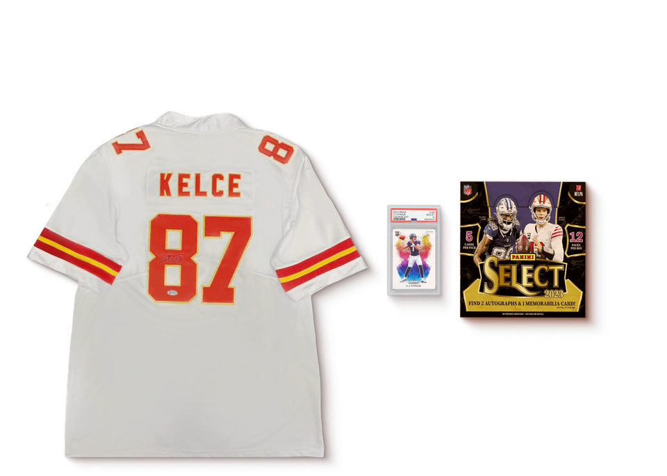 Three sports collectibles sit against an orange background. To the left is a white signed Travis Kelce Kansas City Chiefs jersey. In the middle is a 2023 Panini Prizm Color Blast #CB-6 C.J. Stroud Rookie Card. To the right is a 2023 Panini Select Hobby Football card box.