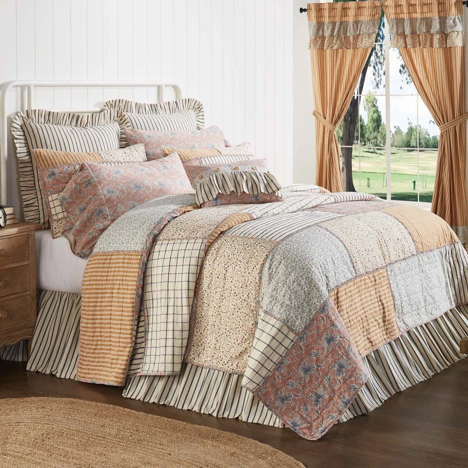 Kaila Queen QUILT Country Patchwork Plaids Rustic Quilted Navy Gold Dusty Rose - Image 2 of 4