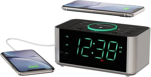 Emerson Smartset Dual Alarm Clock Radio and QI Wireless ER100202, Silver