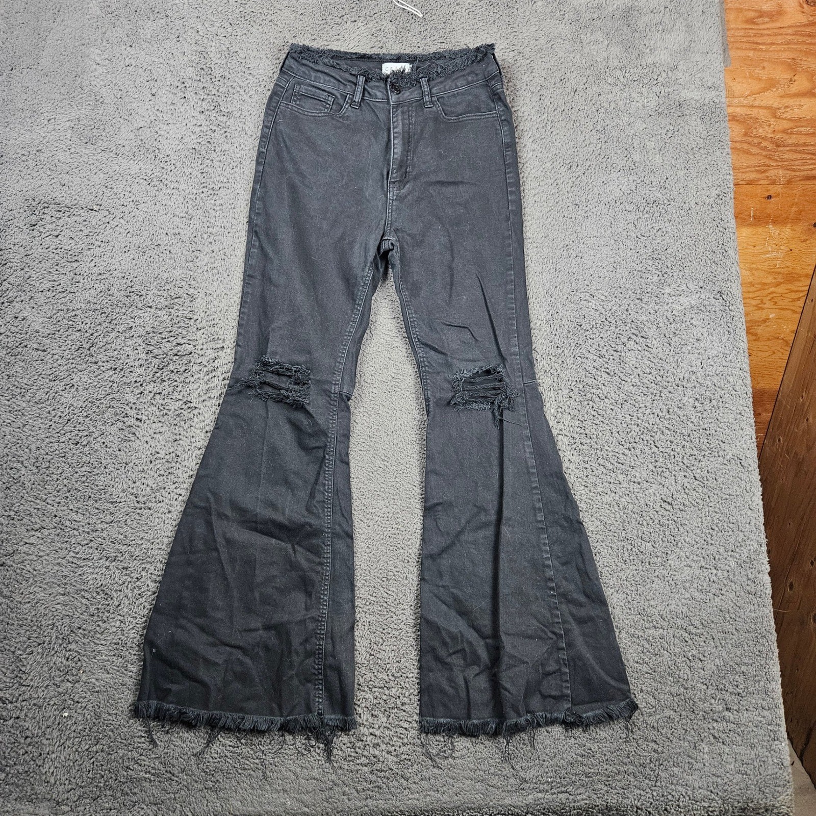 Cello Womens Size 7 Black Flare Bell Bottom Jeans Distressed Frayed Hem