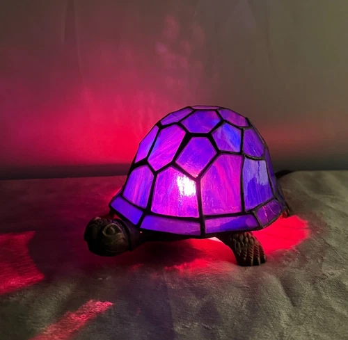 Vintage Tiffany-Style Blue Stained Glass and Brass Turtle Lamp