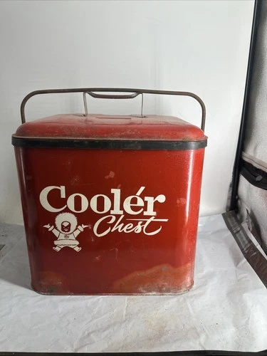 Vintage 1950’s Red Metal Eskimo Cooler Chest W/ Tray