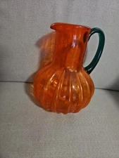 Vtg 9" Artisan Art Glass Orange Ribbed Hand Blown Pitcher Green Applied Handle