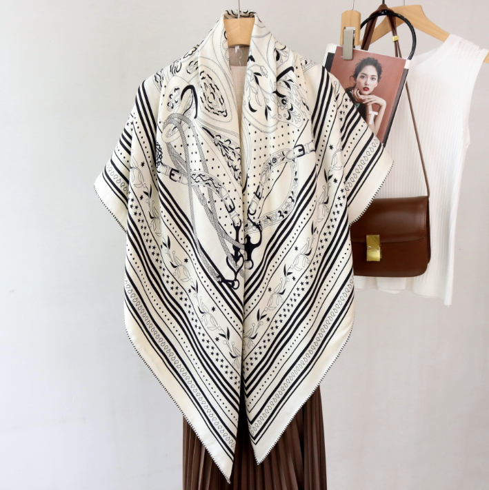 70% Cashmere 30% Silk Square sailor Print Scarf 135X135cm Bandann Shawl wrap new