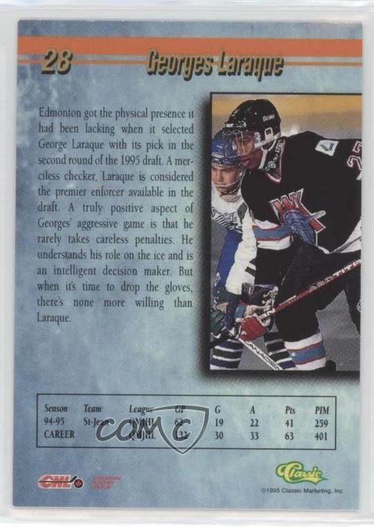 1995 Classic Draft Silver Georges Laraque #28 - Image 2 of 2