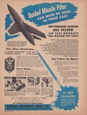 Vintage 1953 Guided Missile Filter Auto Oil Filter Print Ad