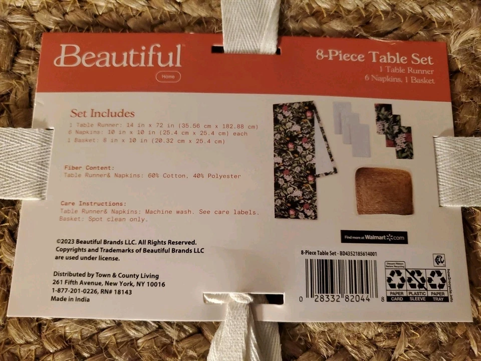 Hermoso Juego de Mesa Corredor 8 Piezas 6 Servilletas Drew Barrymore Cesta Gris + Floral Foto 2 de 2