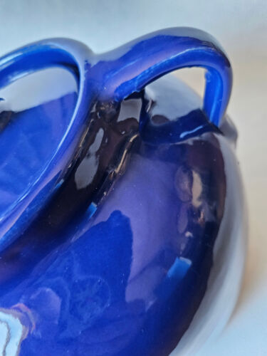 Vintage Bauer Pottery 3Qt Handled Covered Bean Pot Cobalt Blue Plain Ware - Picture 6 of 13