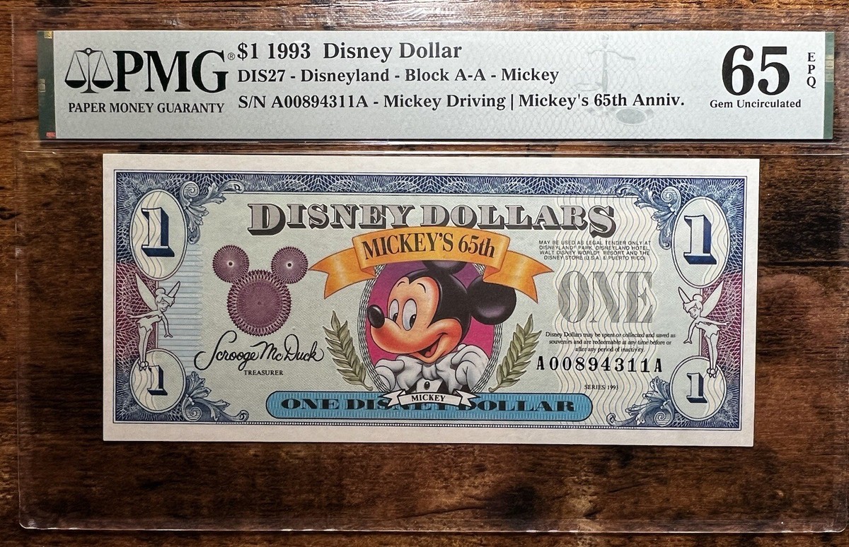 1993 $1 Disney Dollar-Mickey Driving 65th Ann Wanted GEM PMG GEM