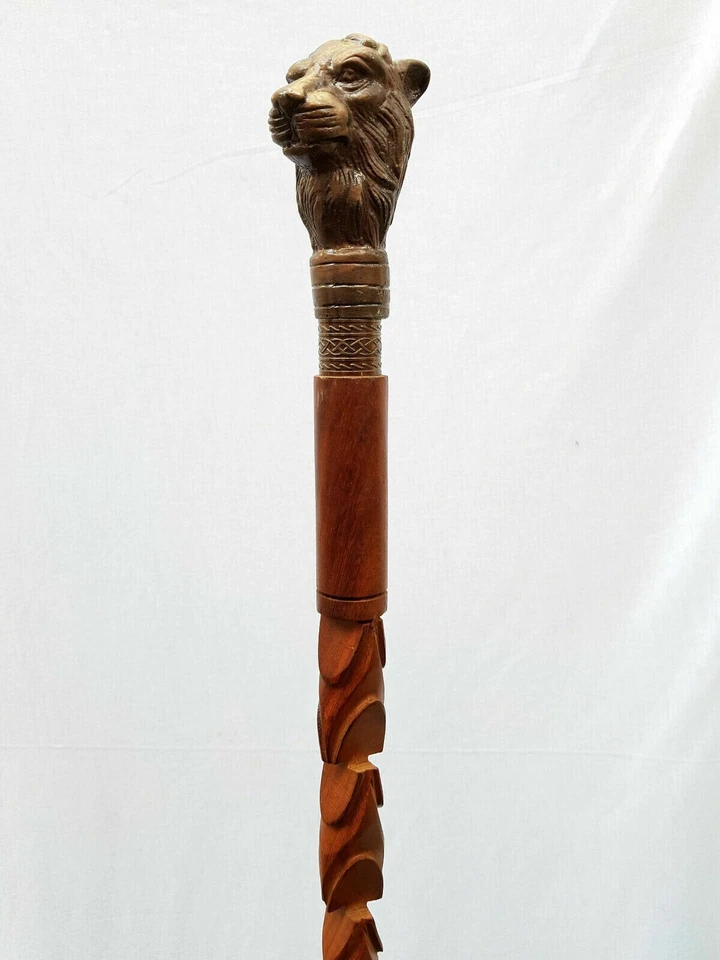 Vintage Lion Head Handle Walking Stick Carved Hand Design Wooden Brown Cane Gift - Image 2 of 4