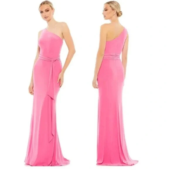 Mac duggal エンベリッシュ ワンショルダー ロングドレス PINK Mac Duggal Pink One Shoulder Belted Shoulder Draped Back