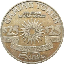 Sands Casino Las Vegas $25 Anniversary 1.5 Troy Ounces .999 Silver Token 1987