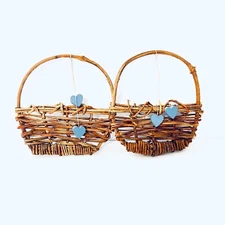 Cottagecore Wicker Wall Baskets with Blue Heart Decor Whimsical Set of 2