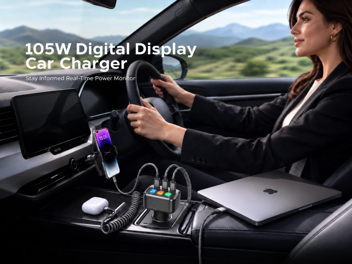 TRON 105W 3-Port Car Charger with Smart TFT Display, USB-C & USB-A Fast Charging - product detail image 5