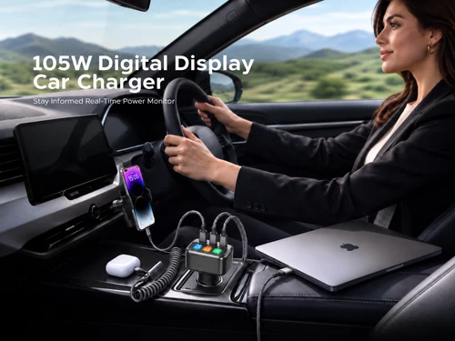 TRON 105W 3-Port Car Charger with Smart TFT Display, USB-C & USB-A Fast Charging image 5