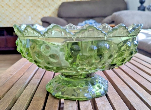 Fenton Olive Green Glass Hobnail Pedestal Candle Holder Vintage