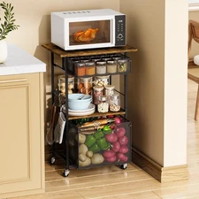 Microwave Stand with Drawers & Hooks,3-Tier Rolling Kitchen Cart for Small Sp