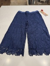 Johnny Was-Navy Blue Lace Wide-Leg Cropped Pants. Size Small NWT