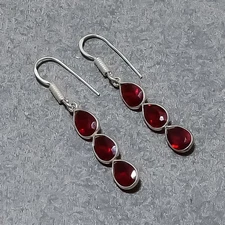 Faceted Mozambique Garnet Gemstone Handmade Gift Jewelry Earrings 1.65" SR 5365