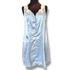 VTG Baby Blue Satin Slip Dress M Button Scallop Fairycore Y2K Coquette Lingerie