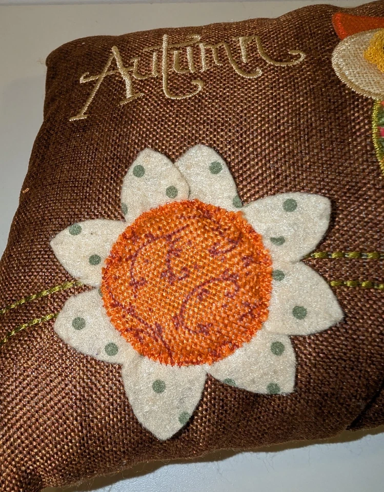 Retro Owl Pillow Embroidered Autumn Greetings Burlap Cottage Boho - Image 3 of 4