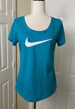 The Nike Women  s T-Shirt Small Dri-Fit Short Sleeve Blue Logo Swoosh Crew Neck