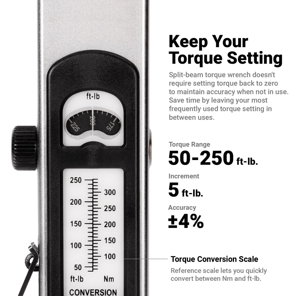 Capri Tools 1/2 in. Drive 50-250 ft/lbs Flex-Head Split Beam Torque Wrench - Image 2 of 4