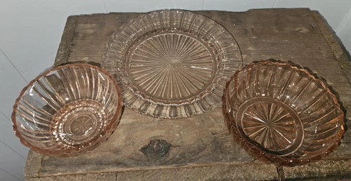 Vintage Lot Of 3 Pink Depression Glass Bowls & Plate