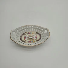 Vintage Reticulated Porcelain Oval Floral Trinket Dish